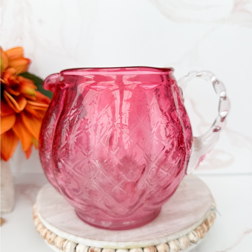 Vintage Fenton Cranberry Glass Quilted Diamond Optic Pitcher Clear Ruffle Handle